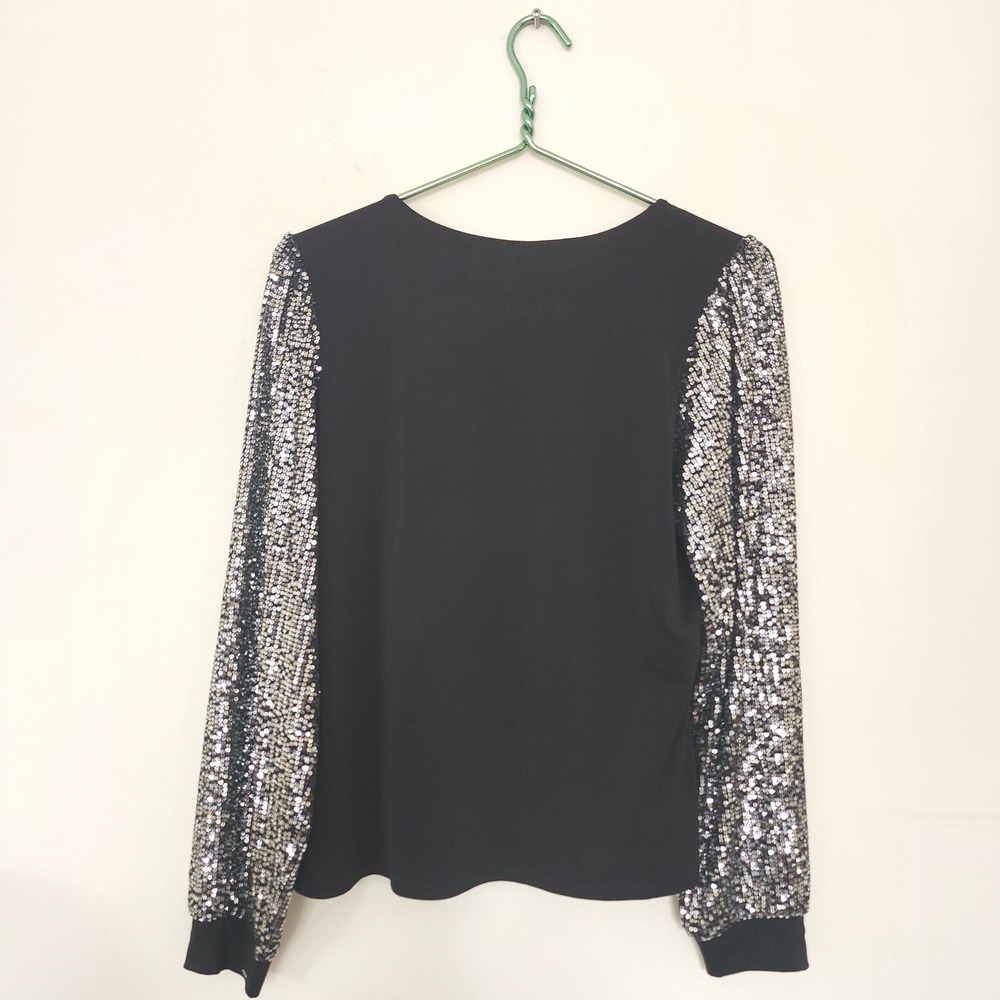 Maurices Womens Black Sequin Balloon Sleeve Blouse Top Silver M Party Holiday - Picture 3 of 10